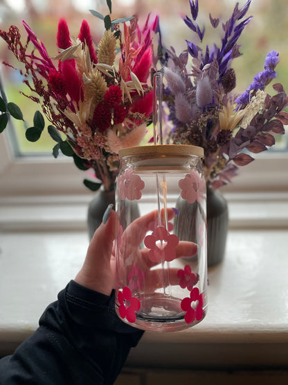 Pink Heart Daisy Flower Glass Cup