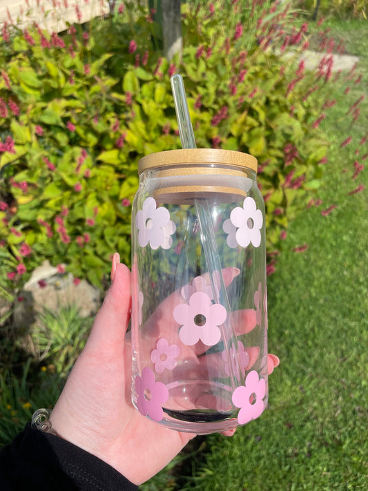 Pink Daisy Flower Glass Cup