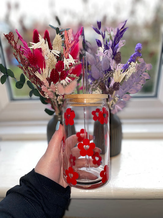 Red Heart Daisy Flower Glass Cup