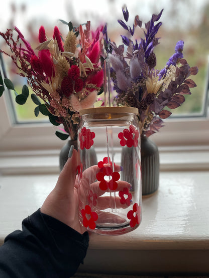 Red Heart Daisy Flower Glass Cup