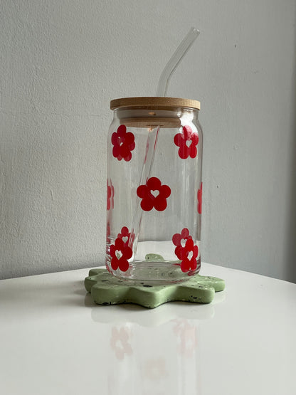 Red Heart Daisy Flower Glass Cup