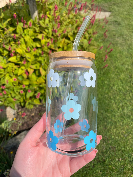 Blue Daisy Flower Glass Cup