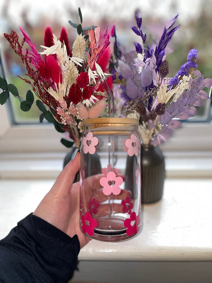 Pink Heart Daisy Flower Glass Cup