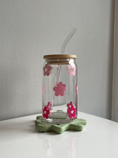 Pink Heart Daisy Flower Glass Cup